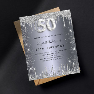 50:e Födelsedag Silver Metall glitter Damm Glam Inbjudan Vykort