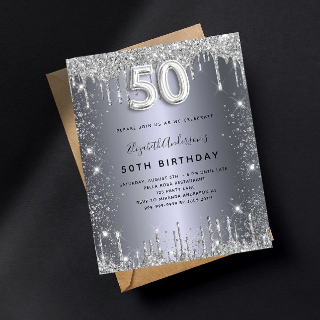 50:e Födelsedag Silver Metall glitter Damm Glam Inbjudan Vykort (Skapare uppladdad)