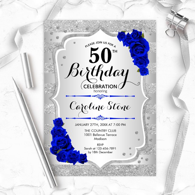 50:e födelsedag - Silver Rand Royal Blue Ro Inbjudningar (Skapare uppladdad)