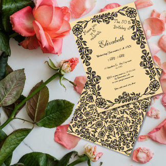 50:e födelsedag Svart & Beige botaniska Blommigten Inbjudningar