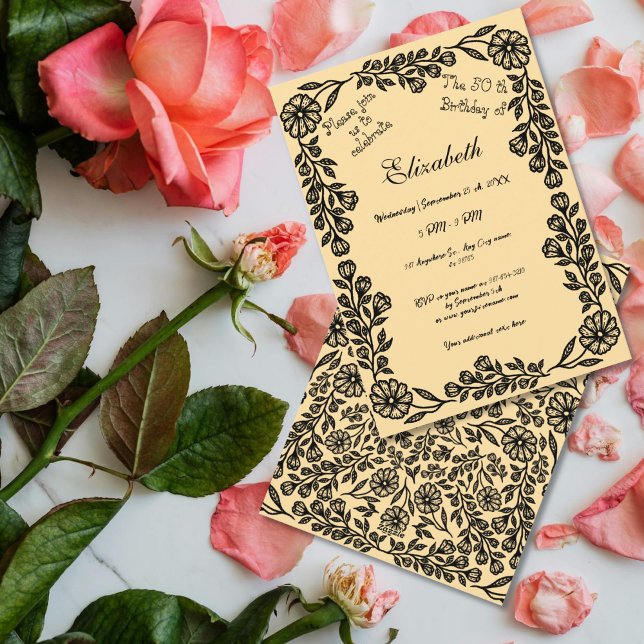 50:e födelsedag Svart & Beige botaniska Blommigten Inbjudningar (Skapare uppladdad)