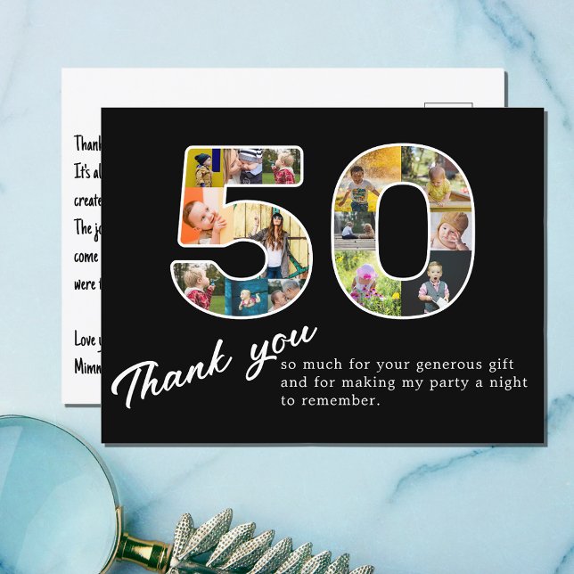 50:e födelsedag, svart fotokollage, Tack Vykort (50th birthday thank you postcard with photo montage.)