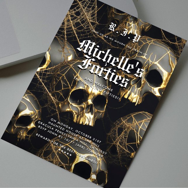 50:e födelsedag: Svart Guld, modern Inbjudningar (50th Birthday RIP Forties Black Gold Skull Modern )