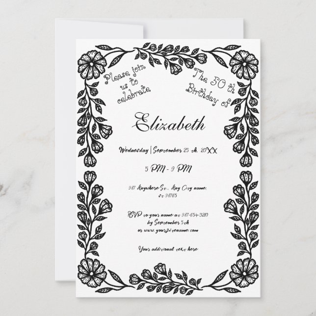 50:e födelsedag Svarta och vita botaniska Blommigt Inbjudningar (Framsida)
