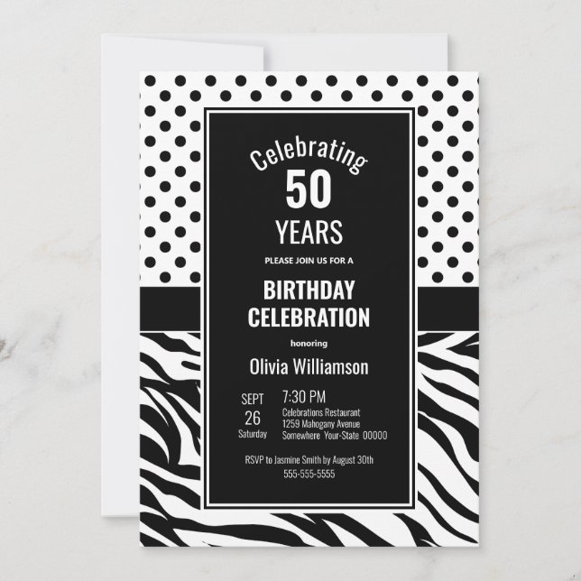 50:e födelsedag Svarta och vita Party Inbjudningar (Framsida)