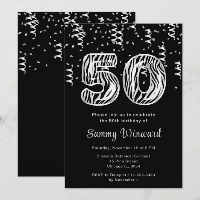 50:e födelsedag Zebra tryck med konfetti Inbjudningar (Fram/baksida)