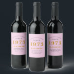 50:e födelsedagen 1973 Lägg till Namn Rosa Grått Vinflaska Etikett<br><div class="desc">Personlig Födelsedag lägg till ditt namn och årsetiketten vin. Redigera namn och år med den angivna mallen. En underbar födelsedagsfest för rosa av anpassningsbar. Fler gåvor och party-förråd finns tillgängliga med utformningen "standardinställningar" i butiken.</div>