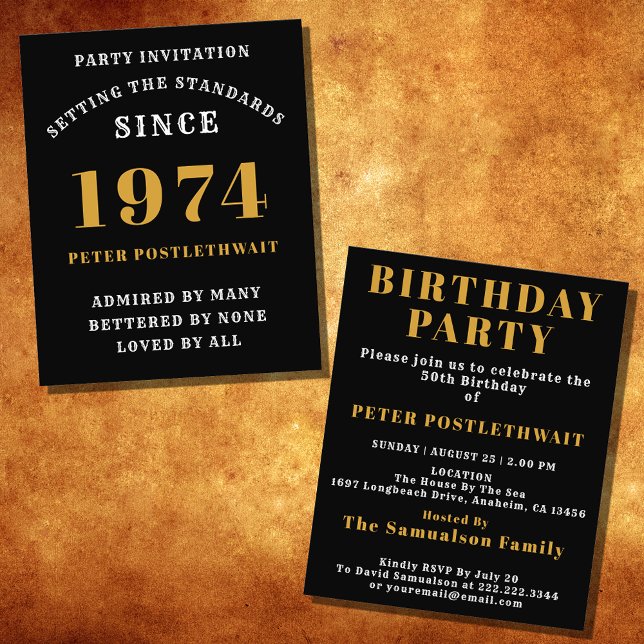 50:e födelsedagen 1974 Personligen Black Guld för  Flygblad (Elegant Black and Gold 50th Birthday Invitation - Create Your Own Personalized Design.)