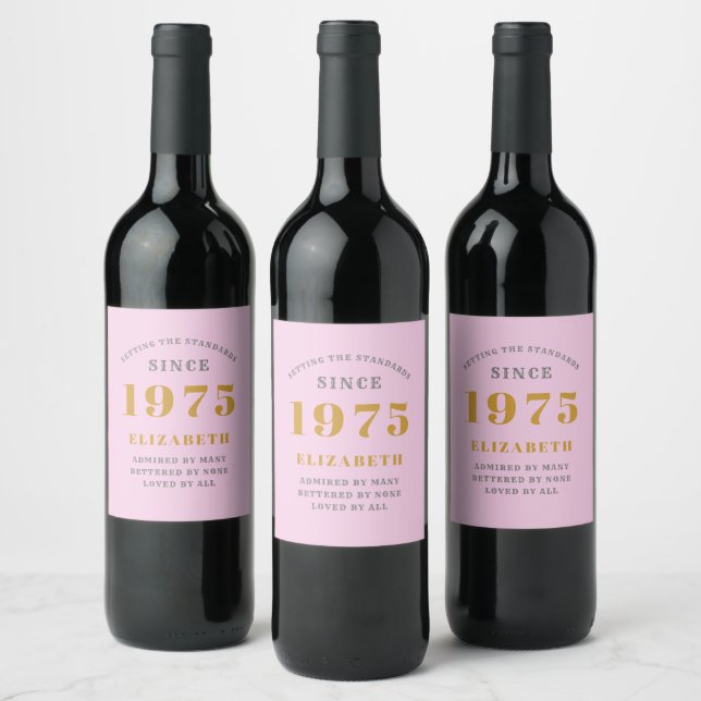 50:e födelsedagen 1975 Lägg till Namn Rosa Grått Vinflaska Etikett (Flaskor)