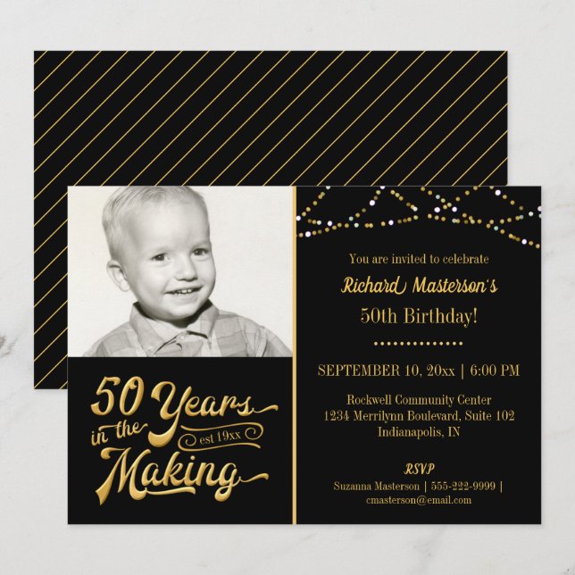 50:e födelsedagen 50 ÅR I SKAPAR Black & Guld Inbjudningar (Fram/baksida)