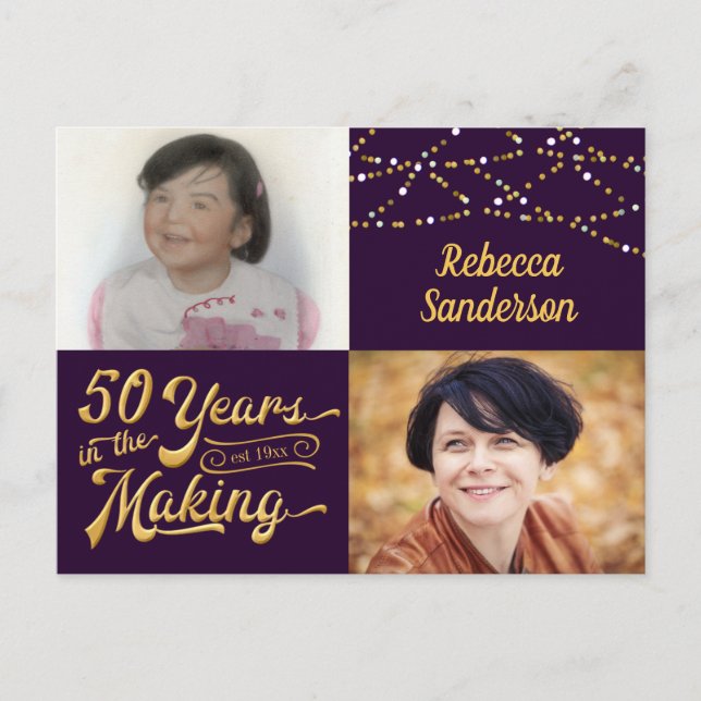 50:e födelsedagen 50 år i Skapar (sedan och nu) Inbjudan Vykort (Framsida)