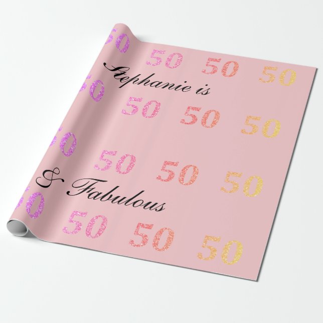 50:e födelsedagen 50:e Fabulous Namn Rosa Glitter Presentpapper (Utrullad)