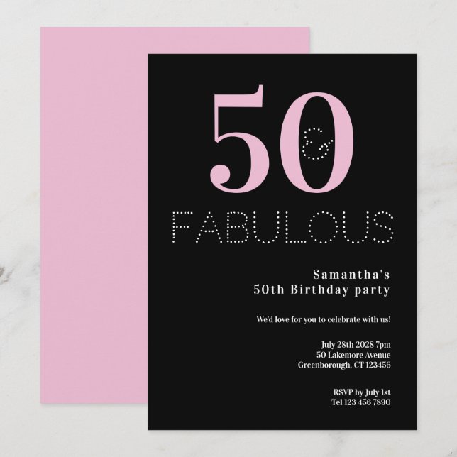 50:e födelsedagen 50 och Fabulous Black Rosa Party Inbjudningar (Fram/baksida)