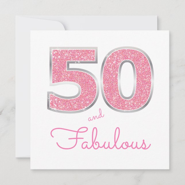 50:e födelsedagen 50 och Fabulous Girly Rosa Glitt Inbjudningar (Framsida)