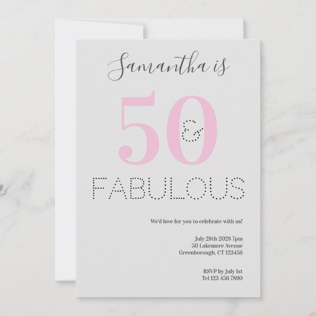 50:e födelsedagen 50 och Fabulous Rosa Grått Party Inbjudningar (Framsida)