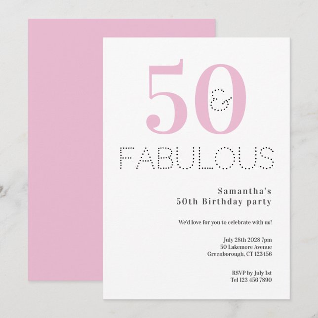 50:e födelsedagen 50 och Fabulous Rosa Party Inbjudningar (Fram/baksida)