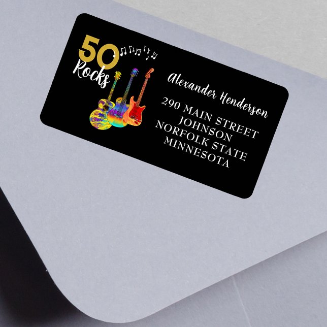 50:e födelsedagen 50 Sten Adressetikett (Rock and roll 50th birthday return address label funky psychedelic guitars & 50 Rocks gold and black)