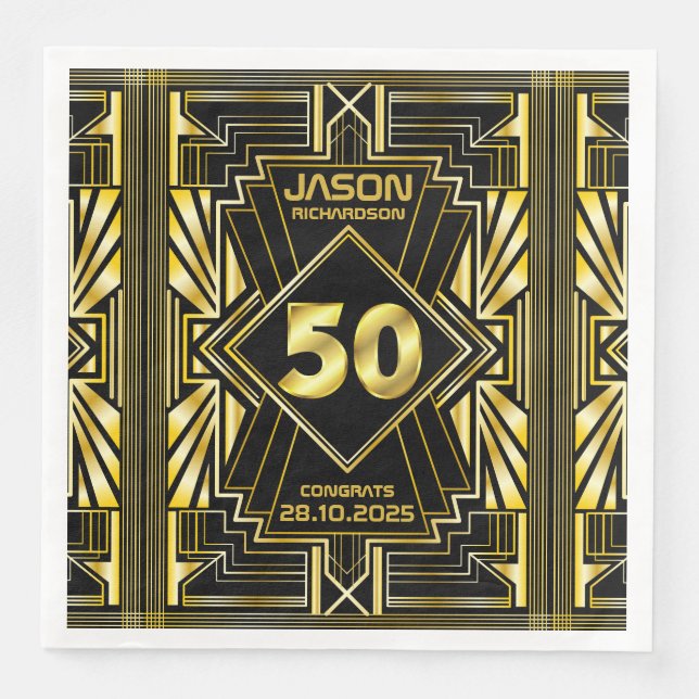 50:e födelsedagen Art Deco Guld Black Underbar Gat Pappersservett (Framsida)