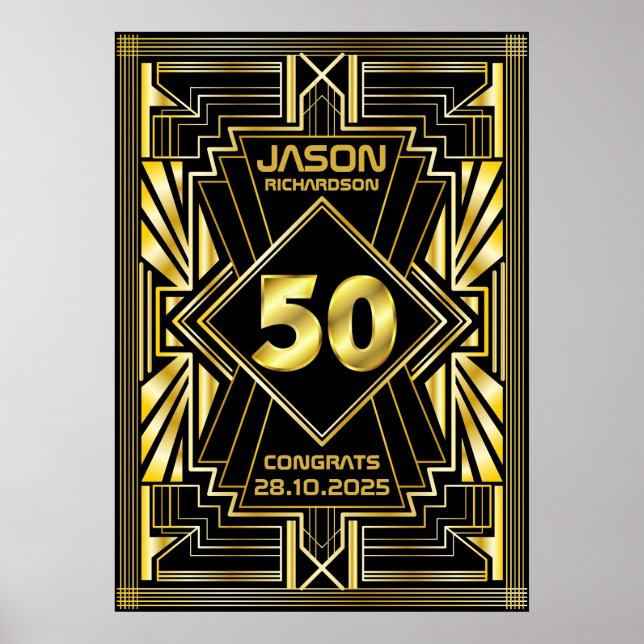 50:e födelsedagen Art Deco Guld Black Underbar Gat Poster (Framsidan)