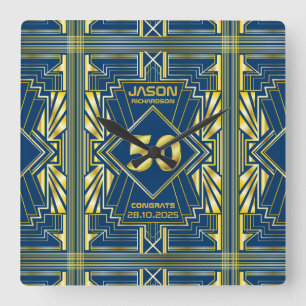 50:e födelsedagen Art Deco Guld Blue Underbar Gats Fyrkantig Klocka