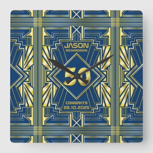 50:e födelsedagen Art Deco Guld Blue Underbar Gats Fyrkantig Klocka (Framsida)