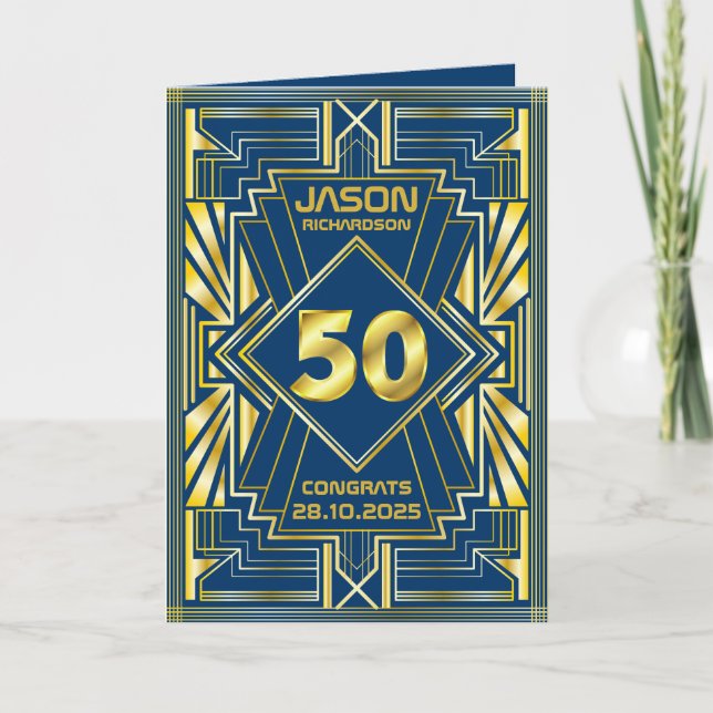 50:e födelsedagen Art Deco Guld Blue Underbar Gats Kort (Framsida)