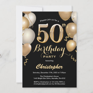 50:e födelsedagen Black and Guld Balloons Confetti Inbjudningar