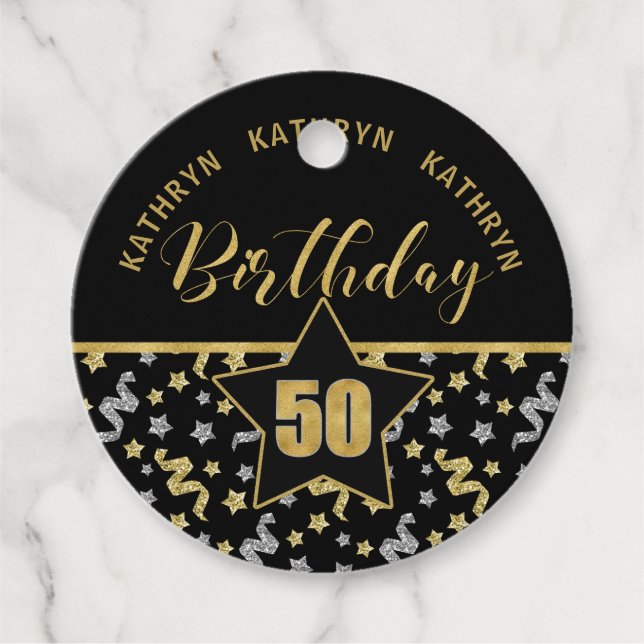 50:e födelsedagen Black and Guld Confetti Gåvor Etiketter (Framsida)
