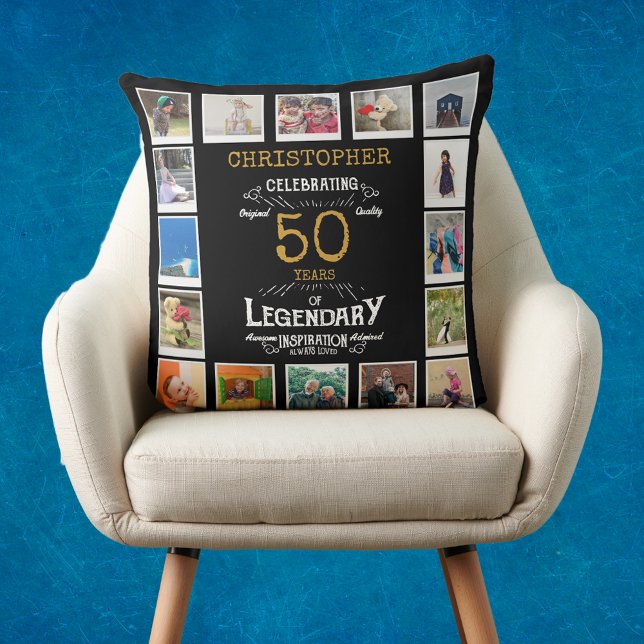 50:e födelsedagen Black Guld Photo Collage Kudde (Personalized 50th birthday gift throw pillow with 16 photos of your choice.)