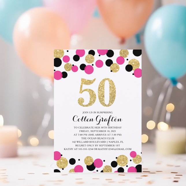 50:e födelsedagen Black Shock rosa Guld Glitter Ko Inbjudningar (Skapare uppladdad)