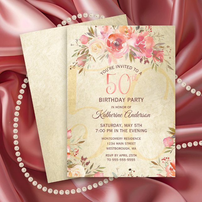 50:e födelsedagen Blommigt Rosa ros Guld Shimmer P Inbjudningar (Elegant 50th Birthday Party Invitation with Pink roses on a gold shimmer background)
