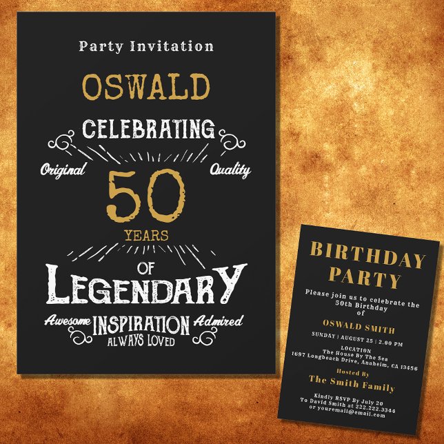 50:e födelsedagen Born Legendary Black Guld Retro Inbjudningar (For those celebrating their 50th birthday we have the ideal birthday party invitation)