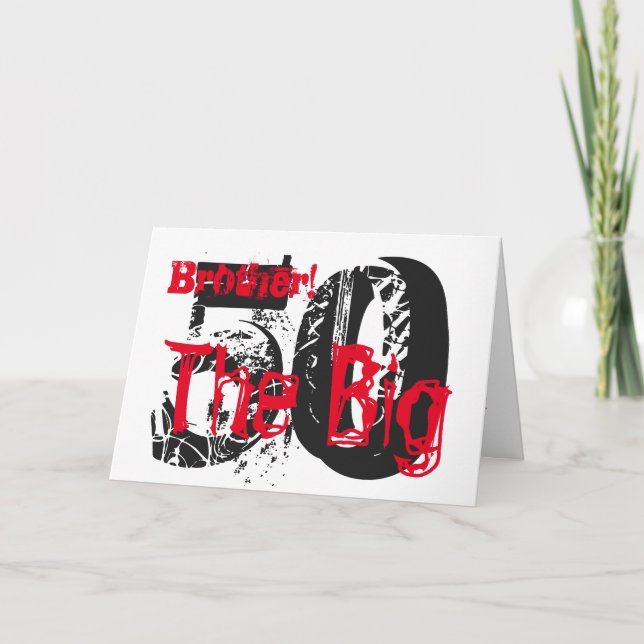 50:e födelsedagen, broder, röd, vit text på svart. kort (Framsida)