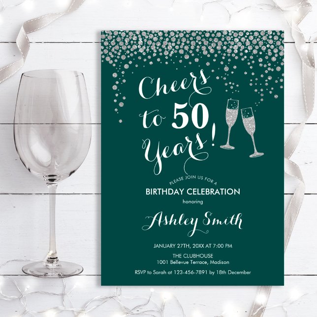 50:e födelsedagen - Cheers to 50 Years Grönt Silve Inbjudningar (Skapare uppladdad)