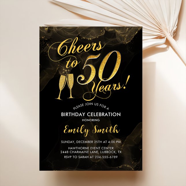 50:e födelsedagen - Cheers to 50 Years Guld Black Inbjudningar (Skapare uppladdad)