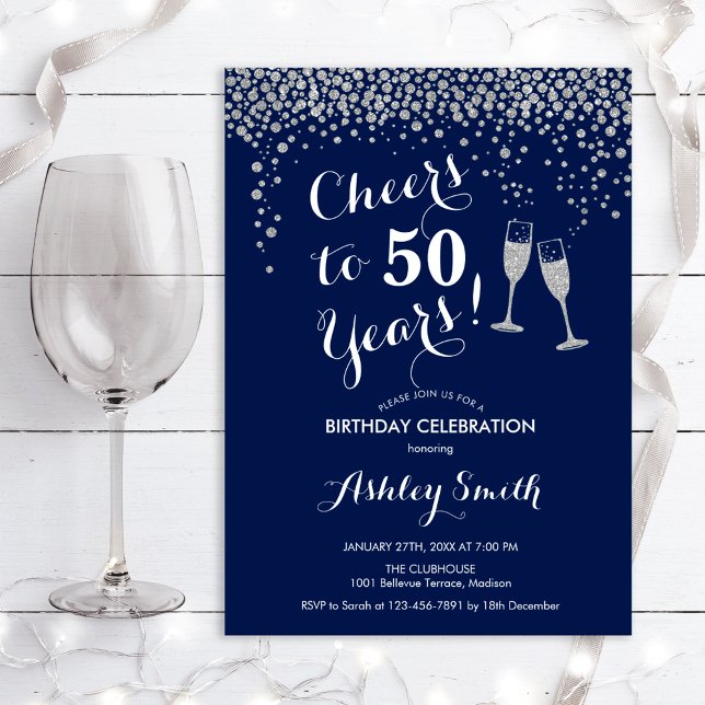 50:e födelsedagen - Cheers to 50 Years Silver Inbjudningar (Skapare uppladdad)