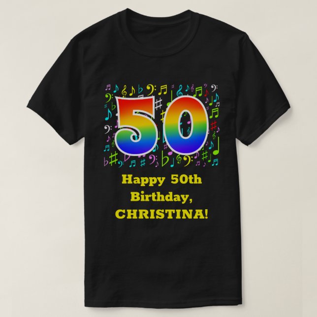 50:e födelsedagen: Colorful Music Symbols, Rainbow T Shirt (Design framsida)