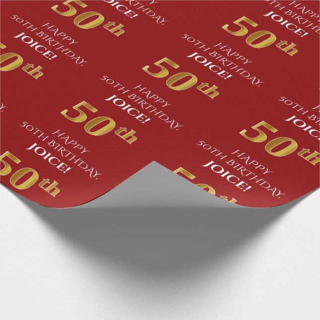 50:e födelsedagen: Elegant, rött, Faux Guld-utseen Presentpapper (Hörn)
