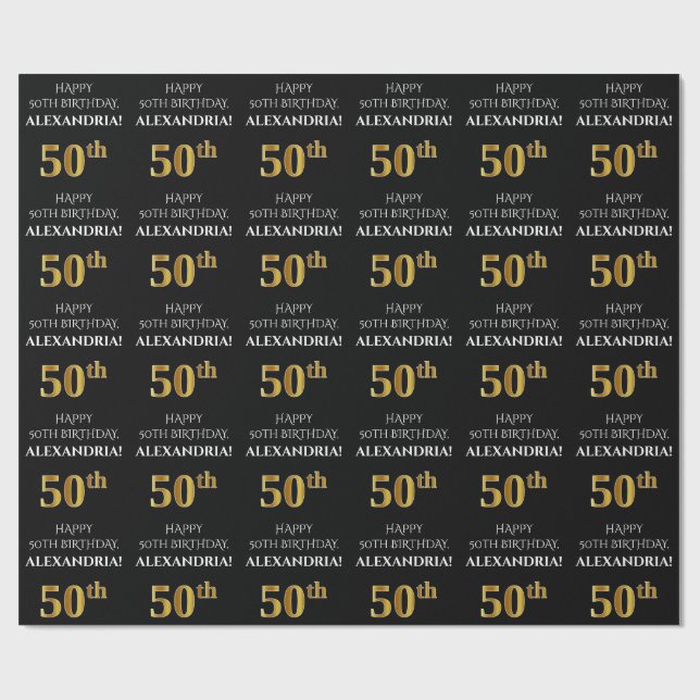 50:e födelsedagen: Elegant, svart, faux Guld-utsee Presentpapper (Platt)