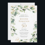 50:e födelsedagen Eucalyptus Inbjudningar<br><div class="desc">Denna utsökta, vattenfärgade eukalyptus med guld löv-förskönningar och guld-utspridda prickar överraskar 50 födelsedagsfest inbjudan är perfekt för att fira din fru, mamma, syster, moster, vän, mormor. Det är en mjuk flödesdesign som är modern men traditionell. Välj Anpassa den här mallen för att göra den unik för dig. Om några sekunder...</div>