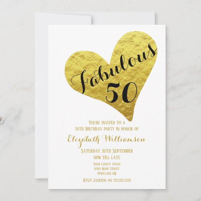 50:e födelsedagen Fabulous 50 White| Faux Guld Hea Inbjudningar (Framsida)