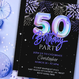 50:e födelsedagen för Him Blue Fireworks Foil Ball Inbjudningar