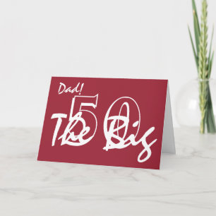 50:e födelsedagen för pappa, vit brev på rött. kort