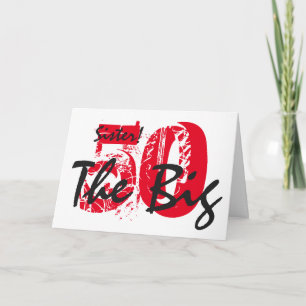 50:e födelsedagen för syster, svart, röd text, vit kort