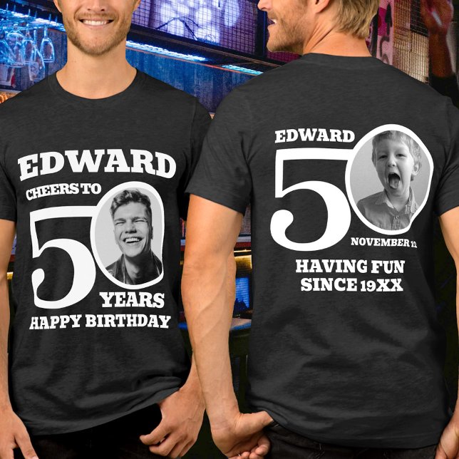 50:e födelsedagen fördubblade sidfoten namn vit te t shirt (Skapare uppladdad)