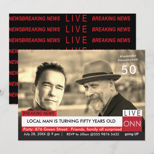 50:e födelsedagen Funny TV News Arnold Schwarzeneg Inbjudningar (Fram/baksida)