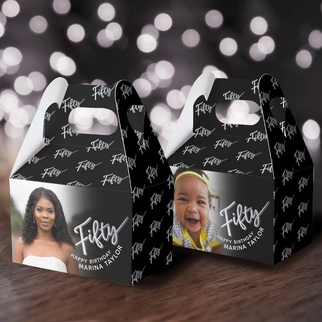 50:e födelsedagen Fyrtio skript svart foto med sil Presentaskar (Skapare uppladdad)