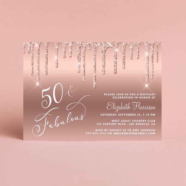 50:e födelsedagen Glitter Ro Guld Inbjudningar (Celebrate her 50 years of sparkle with an elegant rose gold glitter birthday party invitation  🎂 🥂)