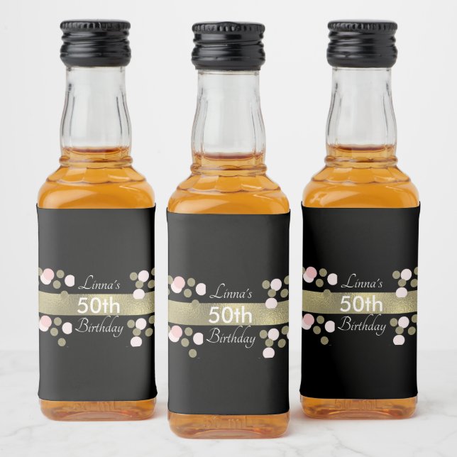50:e födelsedagen Guld Glitter Faux Rosa Party Vat Spritflaskor Etikett (Flaskor)