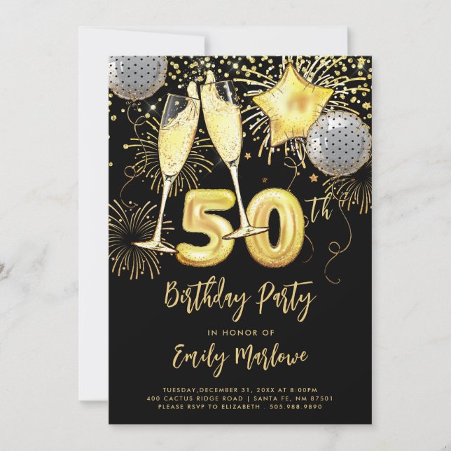 50:e födelsedagen Guld Glitter Konfetti Champagne Inbjudningar (Framsida)
